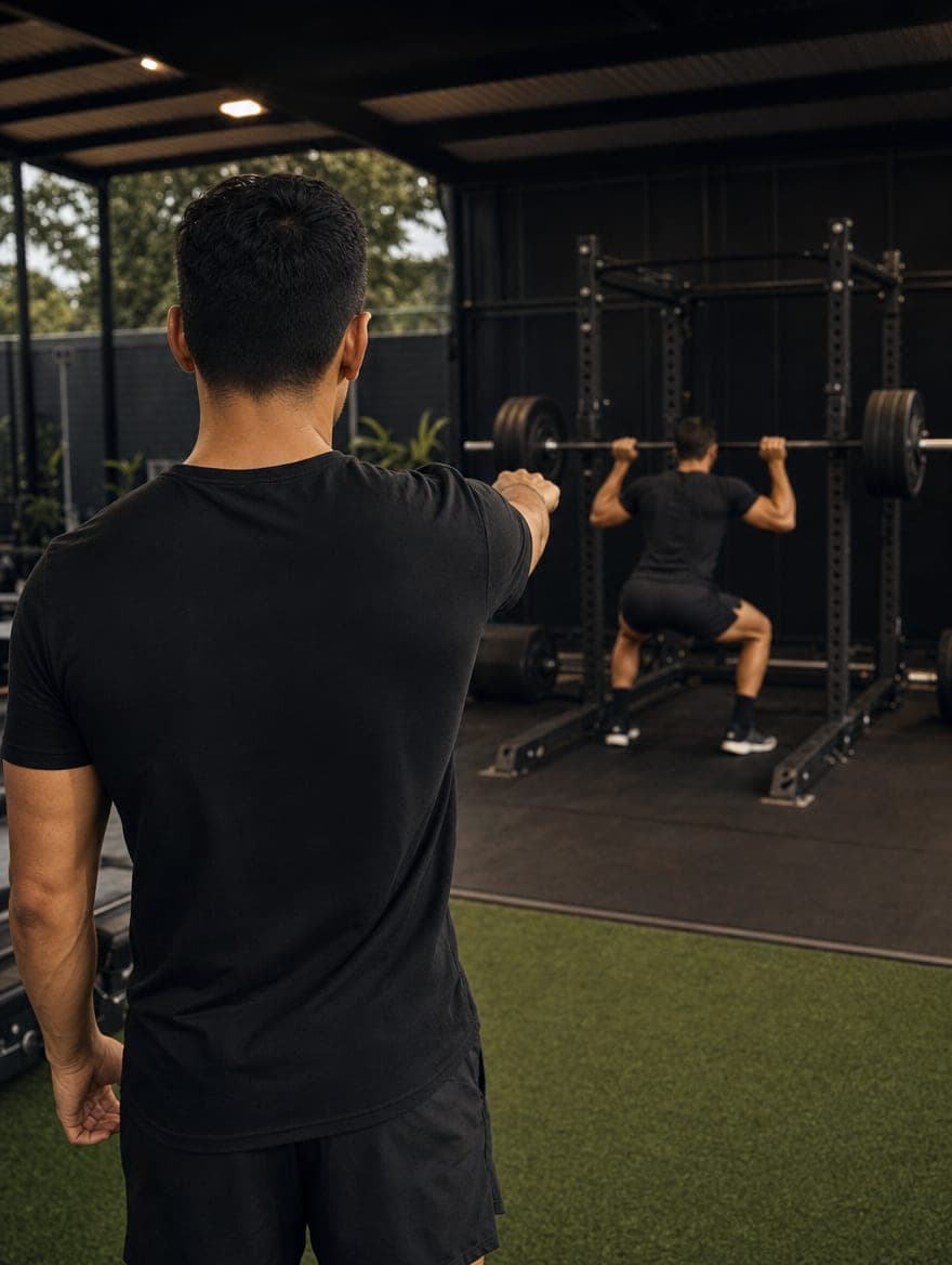 A coach at the squat rack with a member