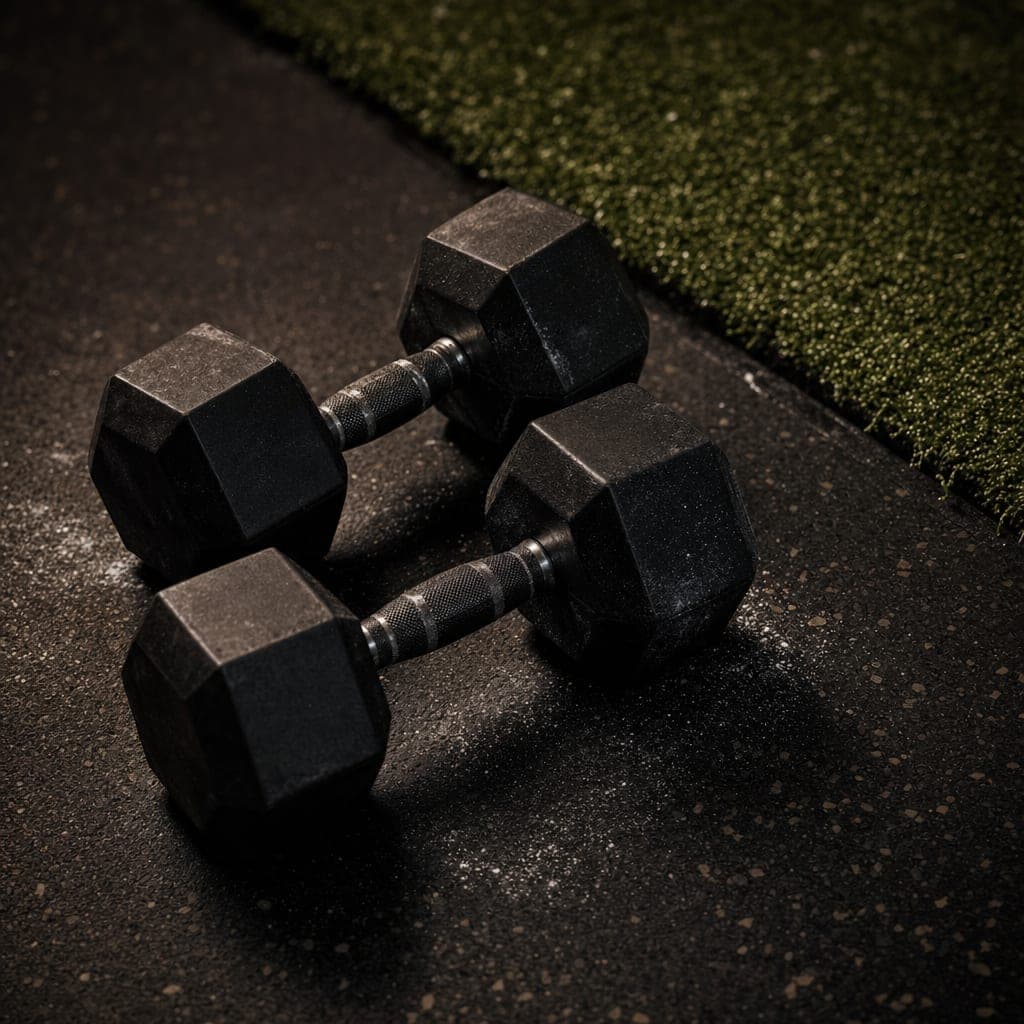 Hex dumbbells beside the turf