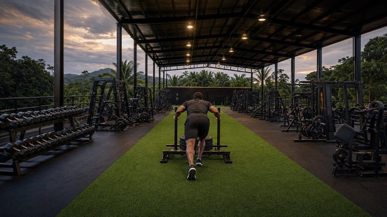 The turf strip at Pinnacle Fitness under the covered roof at dusk