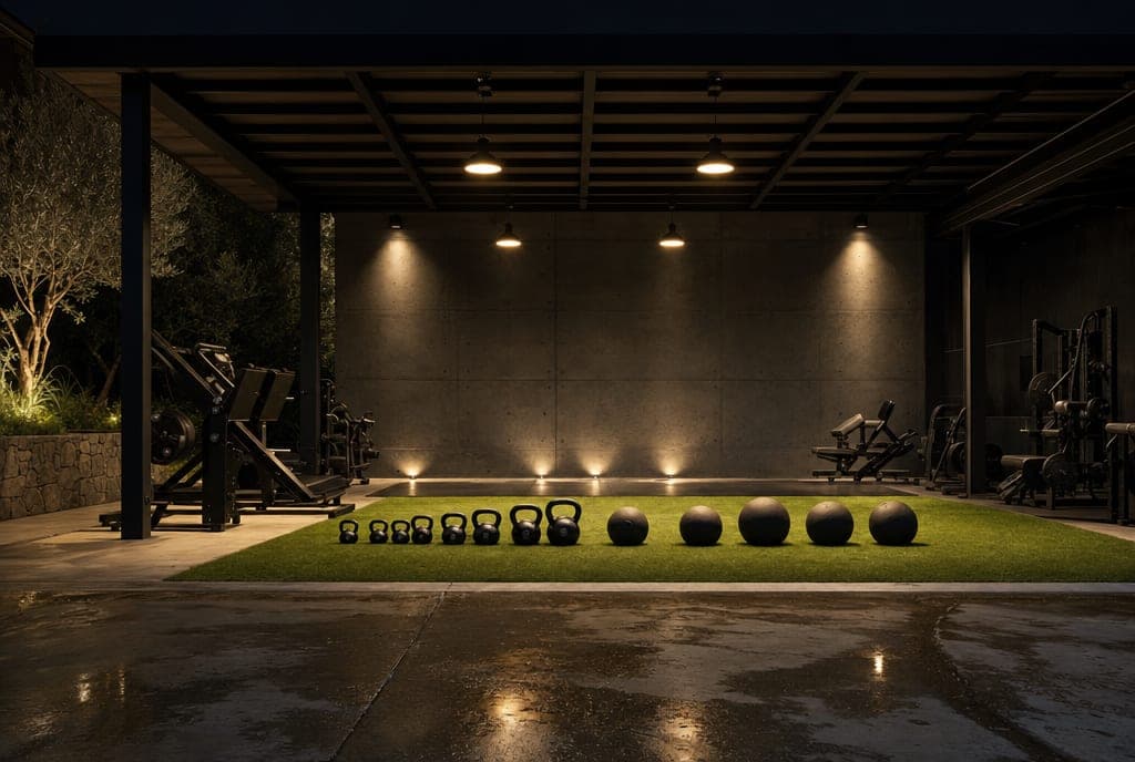 The turf strip under the roof at night